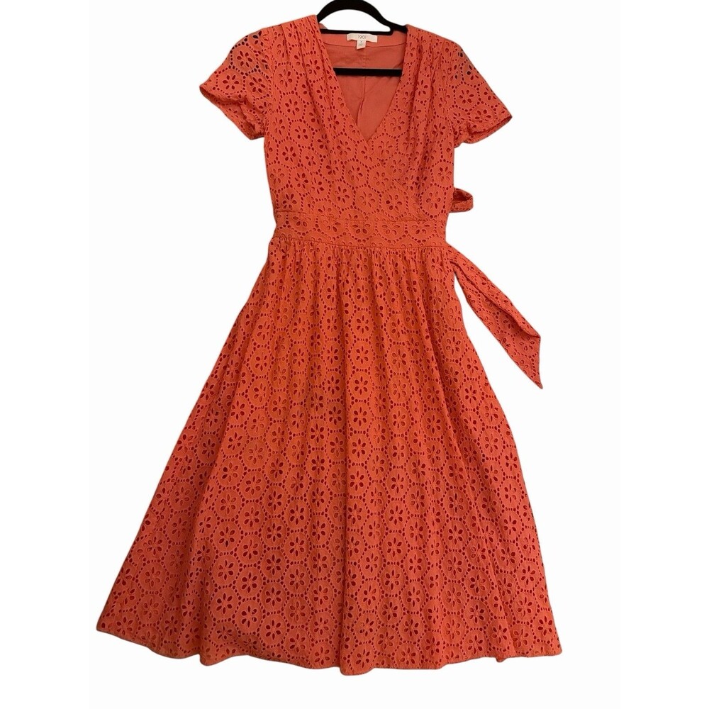 1901 Eyelet Lace Midi Dress Coral Orange Wrap Style Short Sleeve size 6 - Picture 4 of 9